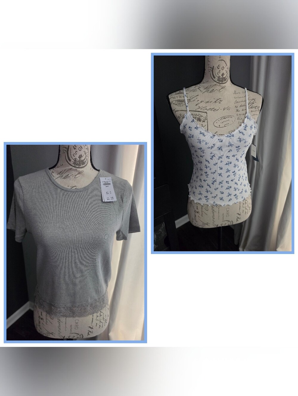 Hollister Gray Lace-Hem Tee & White Cami with Blue Floral Print